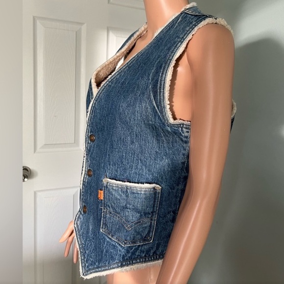Levi's Blue Denim Jean Sherpa Vest Size M Vintage Made USA orange label unisex - Picture 3 of 11